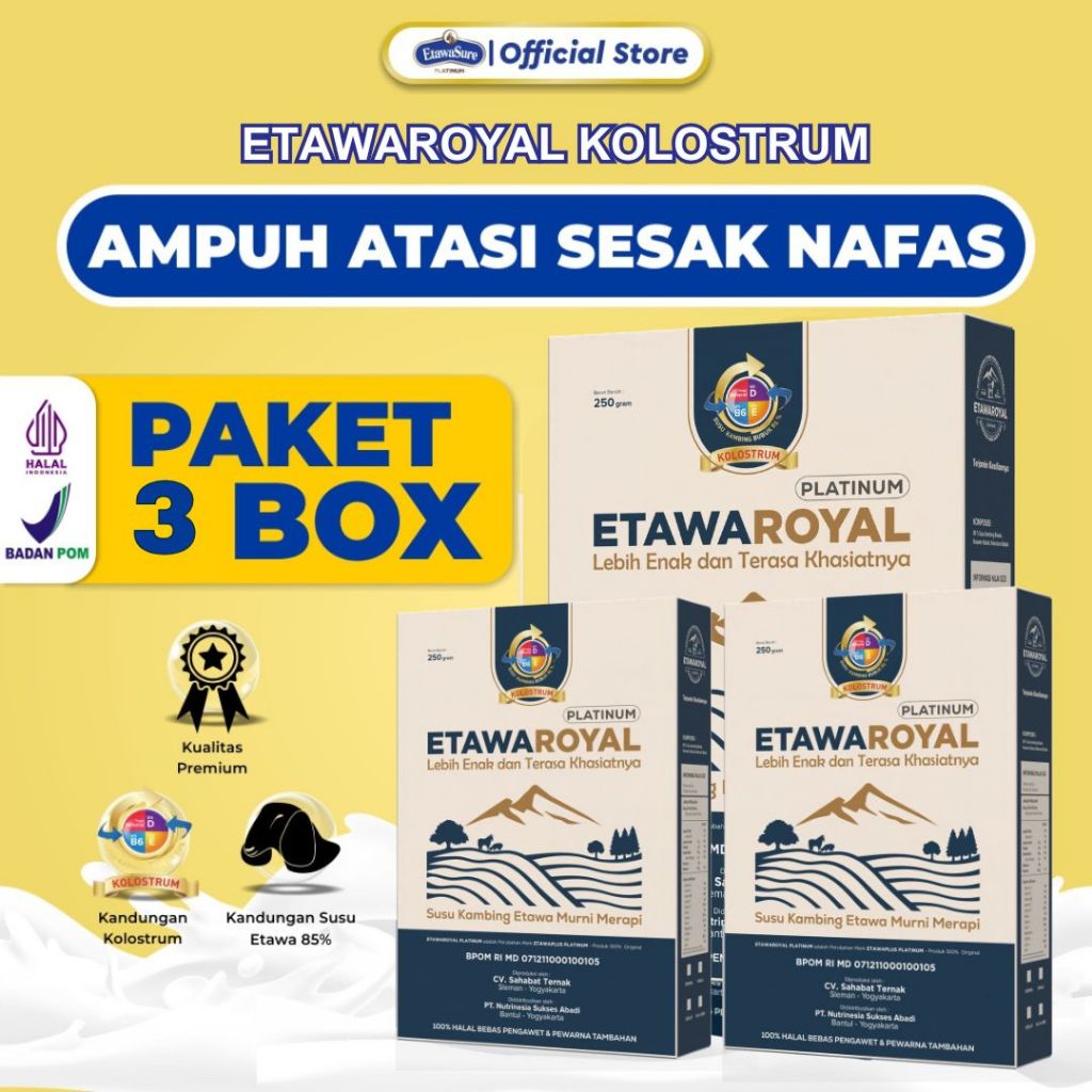 

Paket 3 Box Susu Kambing Etawa - ETAWAROYAL Platinum - Rasa Original Untuk Sesak Nafas dan Nyeri Dada 250gr