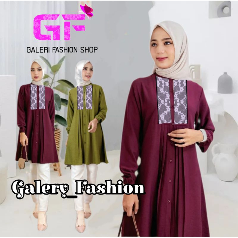 (bisa cod) Tunik Nabila Full kancing renda Arabia/Tunik wanita Crinkle Airflow motif renda bordir/Lo