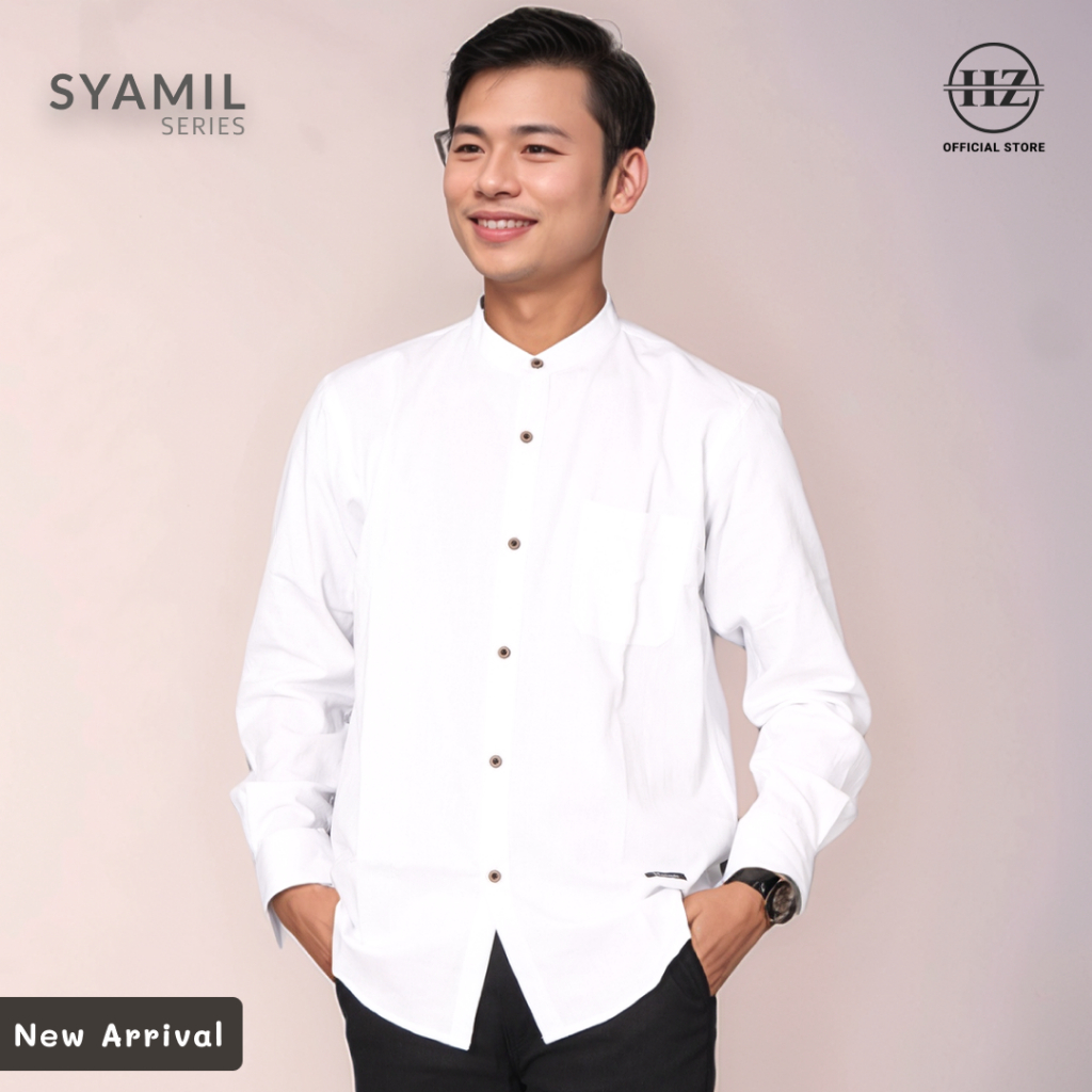 Hanzain Syamil Series - Kemeja Koko Pria Lengan Panjang Warna Putih White - Katun Premium