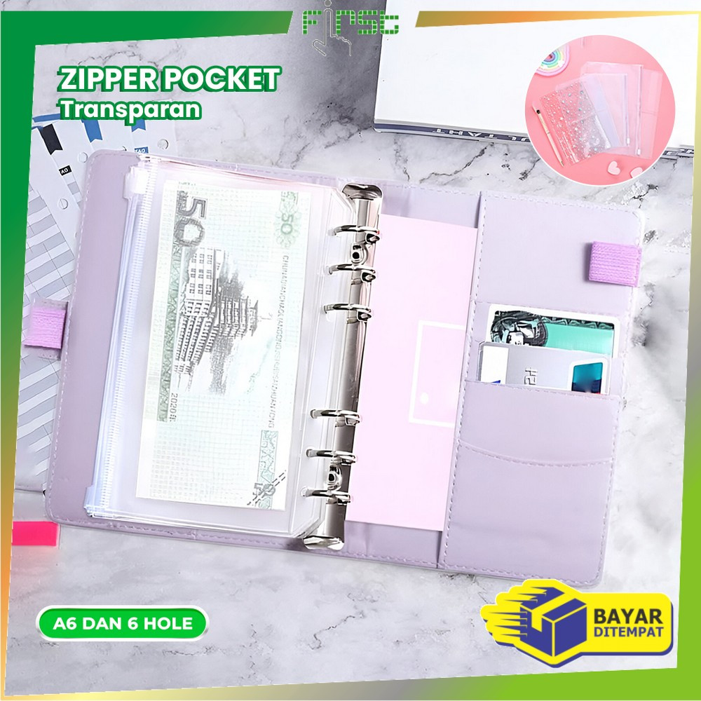 

FH-C1105 Zipper Pocket Binder A6 Transparan 6 Hole / Transparent Hand Book Bags Ziplock A6 Pouch Tempat Uang