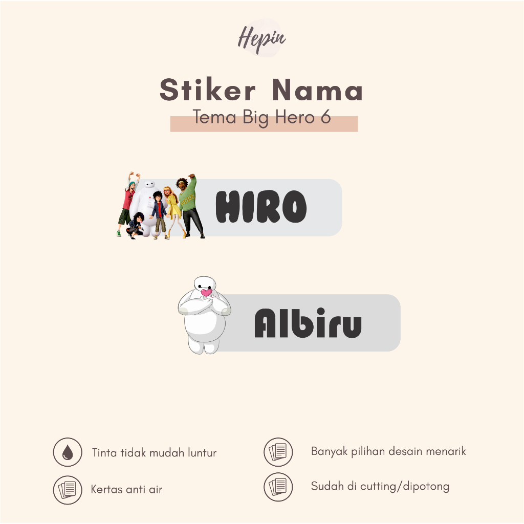 

(90 - 120 pcs) Stiker Cutting nama BIG HERO 6/ Stiker Nama Anak Murah / Label Nama Custom