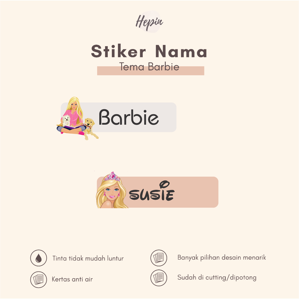 

(90 - 120 pcs) Stiker Cutting nama BARBIE / Stiker Nama Anak Murah / Label Nama Custom