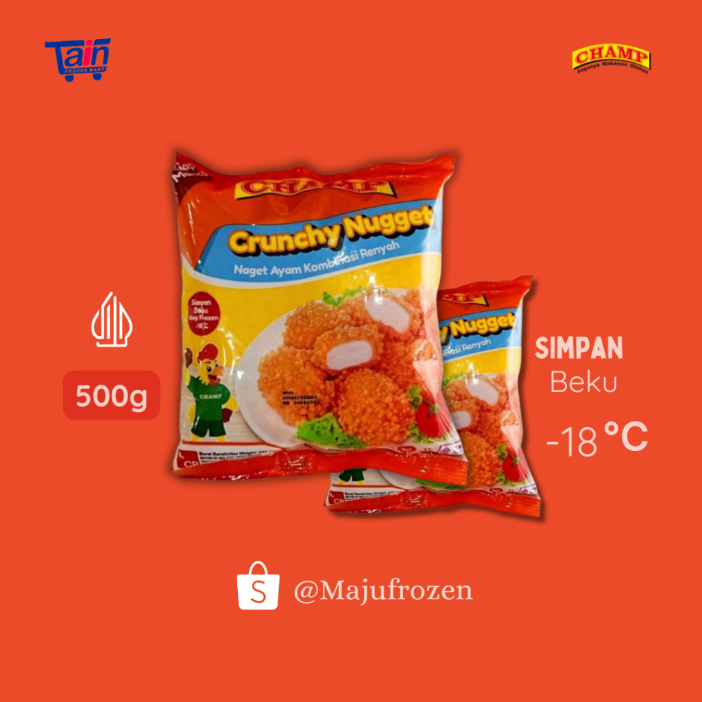 

CHAMP CRUNCHY NUGGET 225GR - NAGET AYAM KOMBINASI - FROZEN FOOD