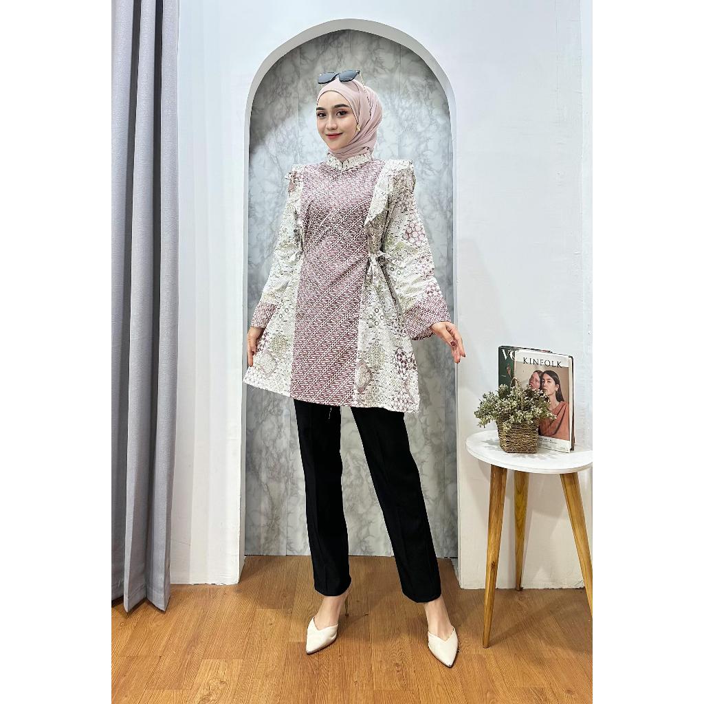 Batik Wanita Lengan Panjang Modern Blouse Batik Wanita Motif Sidomukti