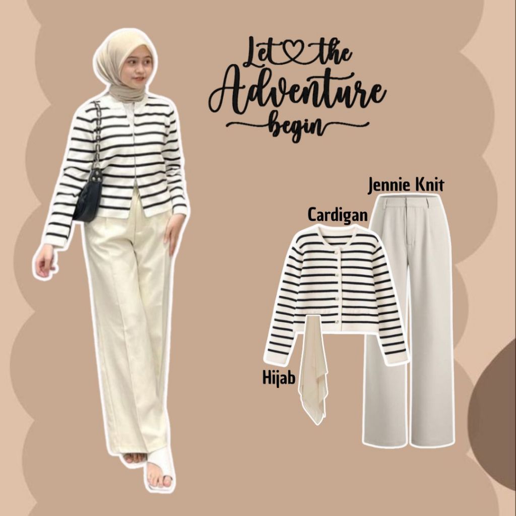 Outfit Wanita Hijab ( Cardigan + Jennie Knit + Hijab ) OOTD Korean Casual Style E36