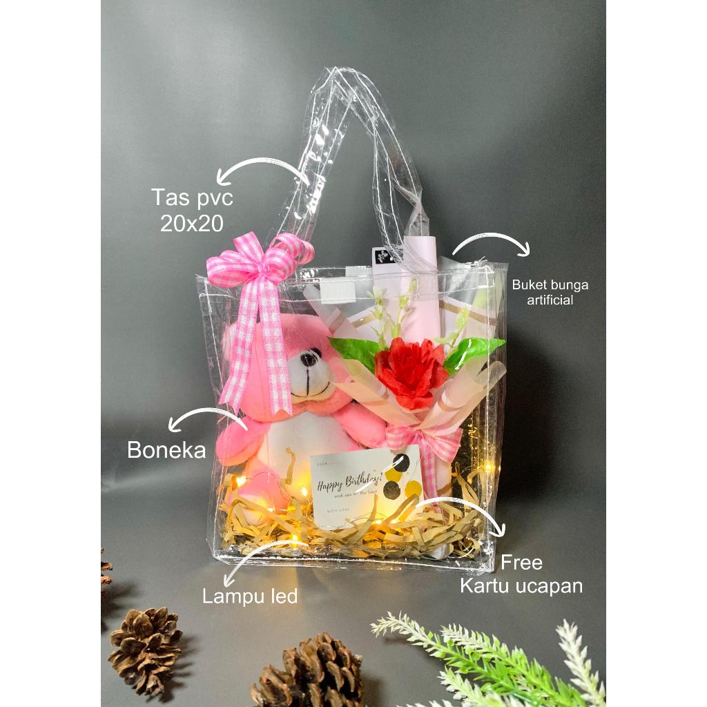 

Flower Bag Kado Ulang Tahun Bunga Boneka Tas Transparan / Kado Ulang Tahun MURAH
