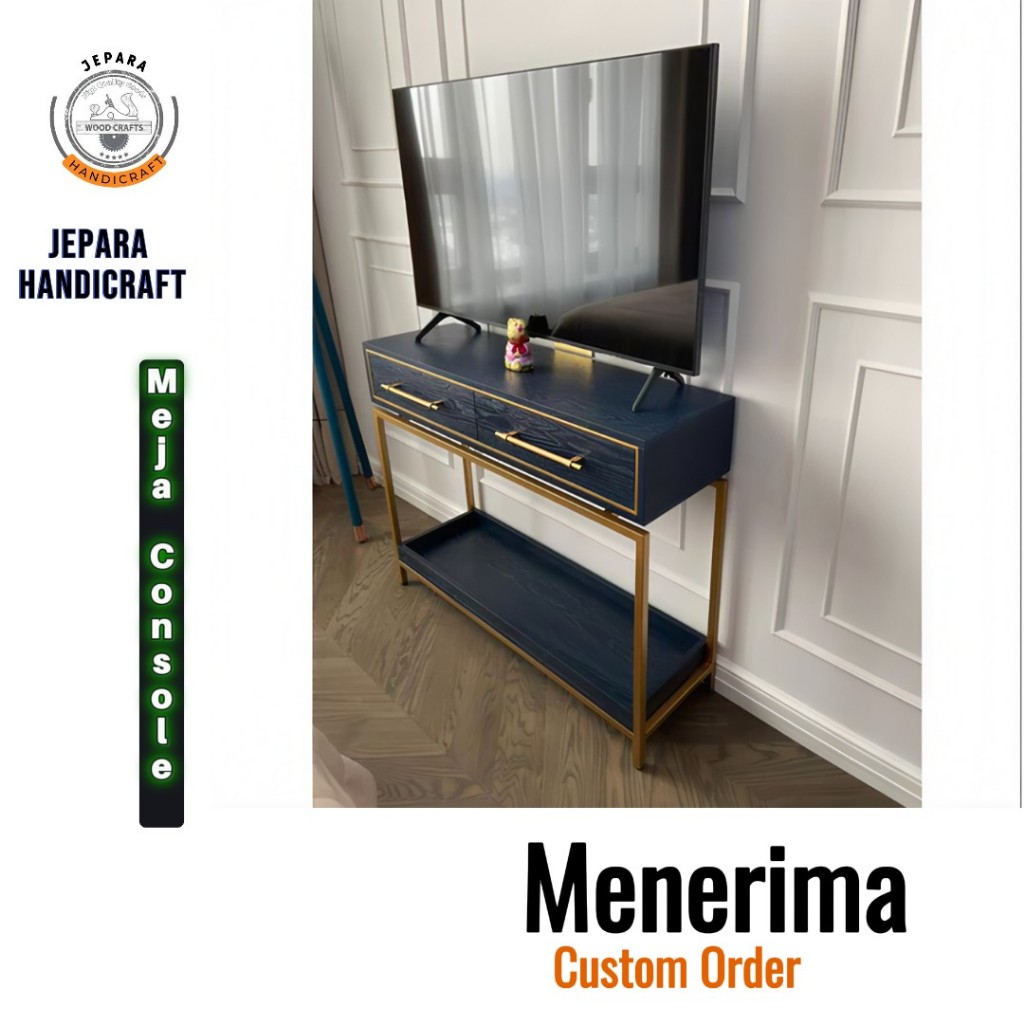 Meja Konsol Tv Besi Kombinasi Kayu Dengan Finishing Gold Dan Duco Model Minimalis Jepara