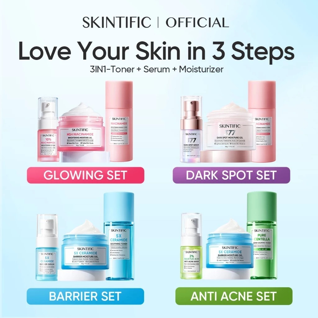 SKINTIFIC-3pcs Paket-Skincare Set | Serum Moisturizer Gel Toner Sunscreen Cleansing Mouss Facial Was