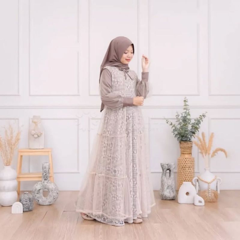 Gendhis Kids(FREE jilbab) Bahan satin velvet Mix Brukat malika + Tile outer lepas pasang gamis lebar