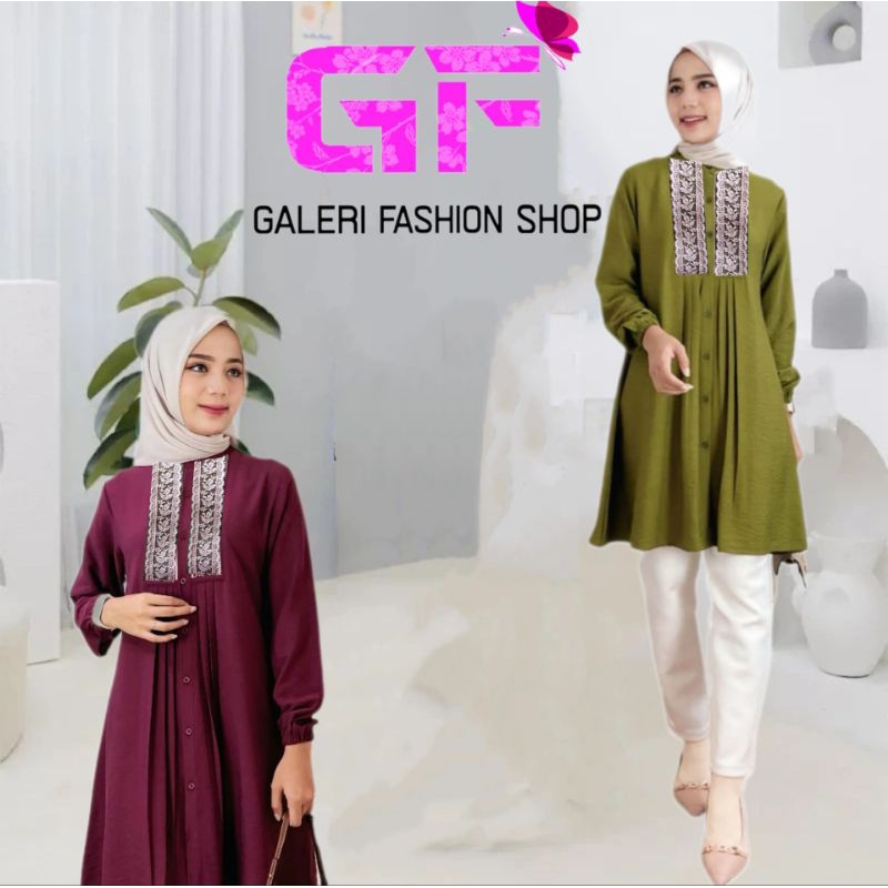 Tunik wanita Jumbo Motif Renda Bunga Bordir/Tunik Polos Wanita Ful Kancing Renda Bordir Terbaru Busu