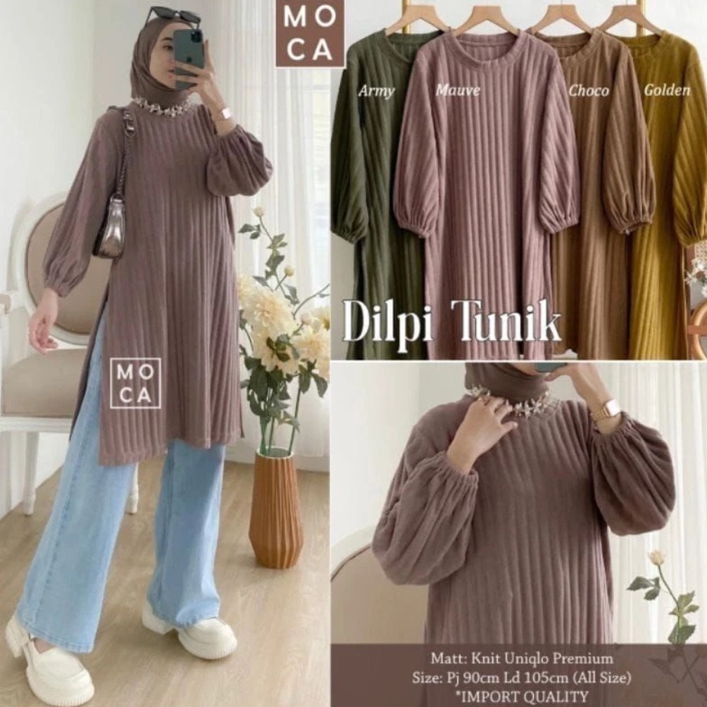Direkomendasikan Lokal By Ajekk  2 PCS BUNDLING Dilpi Tunik Knit Wanita Muslim Lengan Karet Mewah El