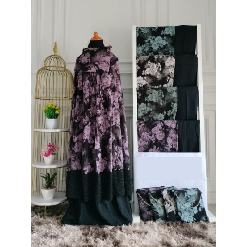 Mukena Katun VISCOSE Hitam Jumbo Motif Bunga Renda Karet Dewasa Free Tas Tali Rantai Mewah Resleting