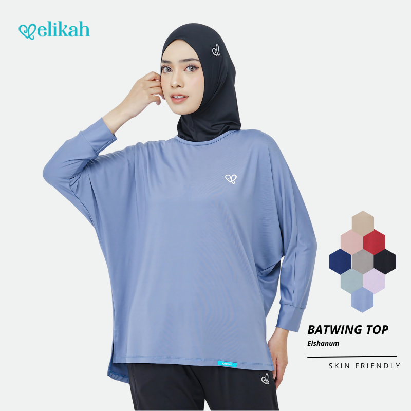 [TERBARU] ELIKAH Atasan Baju Olahraga Wanita Outer Sport Hijab Polos ELSANUM Batwing Oversize Bahan 