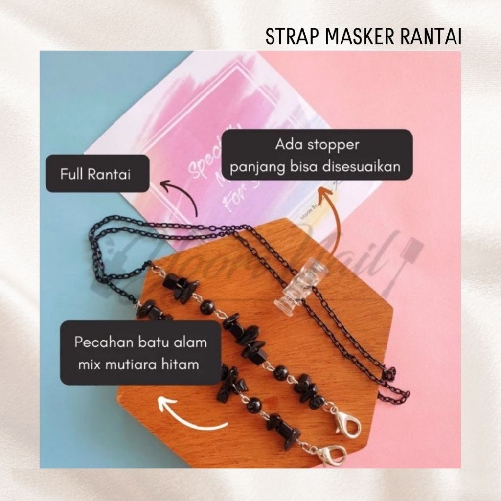 strap masker kalung fashion rantai 2in1 crystal hitam putih strap mask mutiara pearl white