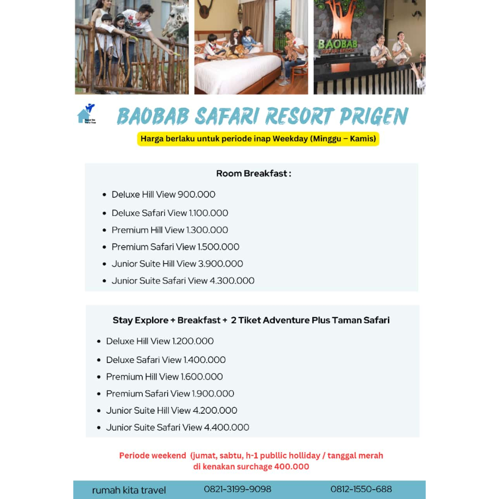 Promo baobab safari resort Prigen Breakfast + Free Tiket Taman Safari 2 pax