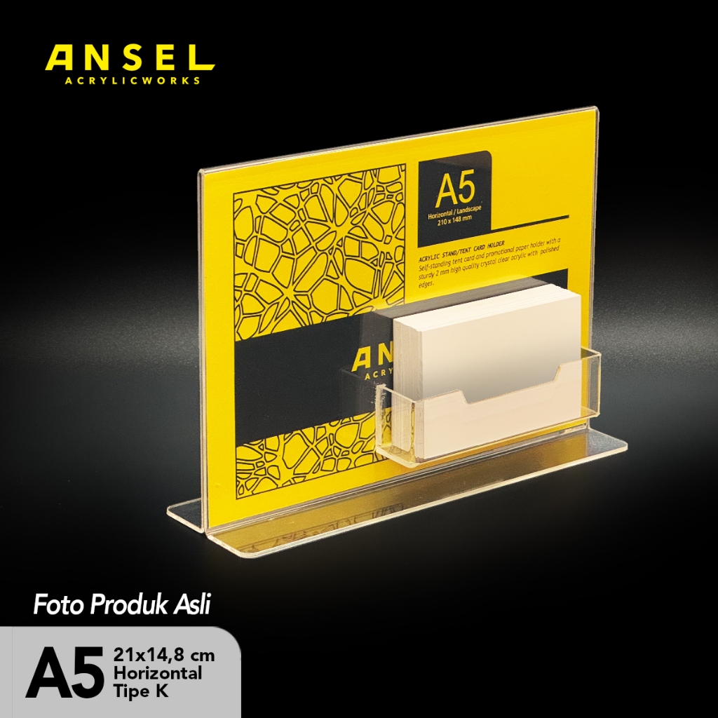 

ANSEL Tent Holder Akrilik Tipe T dengan Kartu Nama / A5 Horizontal 21x14,8 cm / Acrylic Display / Tent Tipe K