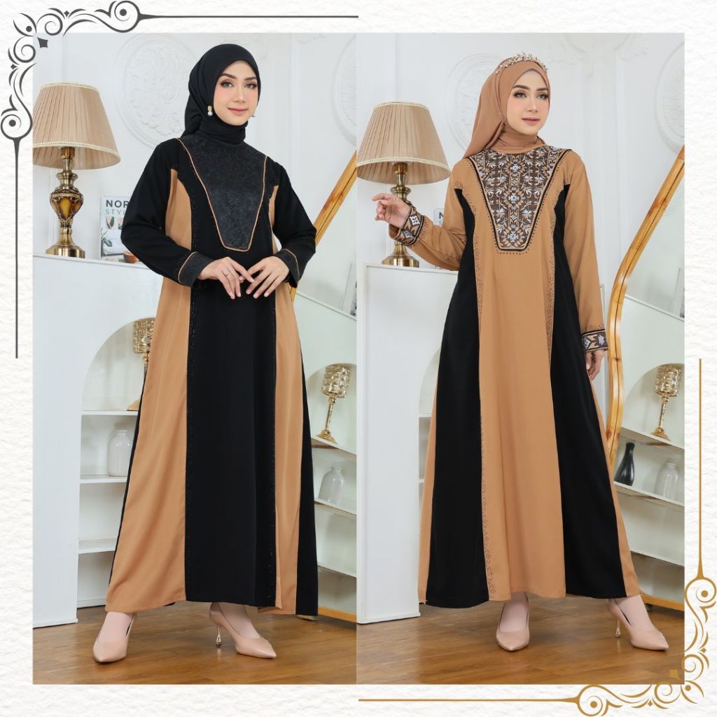 J Collection Gamis Abaya Bordir Dada Wolfis Jet Black Hitam Kombinasi Wolfis Coklat Kopi Susu