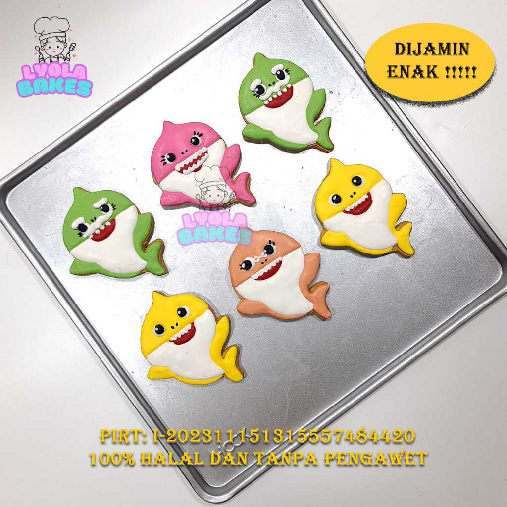 

Kukis baby shark Paket 10pcs Cookies Hias karakter character BabyShark GrandpaShark GrandmaShark DaddyShark MommyShark kue kering icing royal