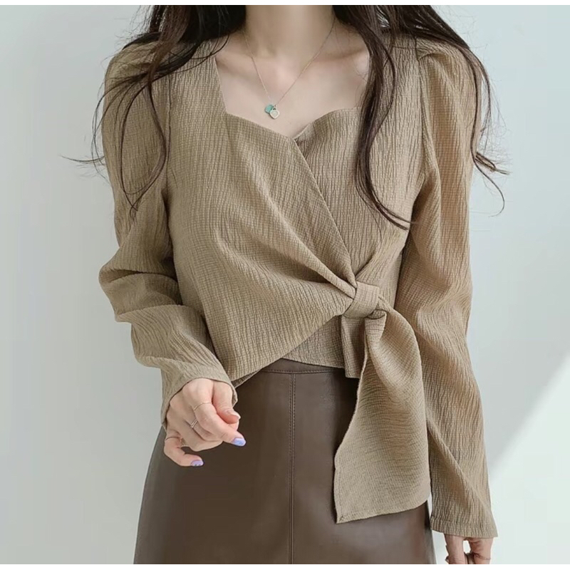 Baju Atasan Wanita Kemeja Kerah Persegi Blouse Korean Lengan Panjang Balon Motif