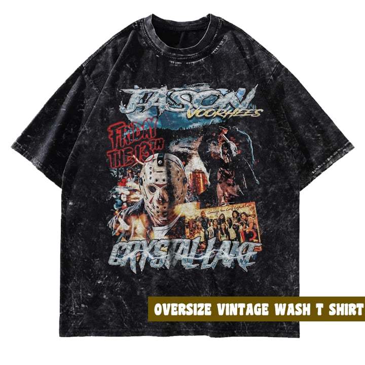Kaos Retro Vintage Jason Voorhees - Crystal Lake | Basic Hitam & Oversize Washed