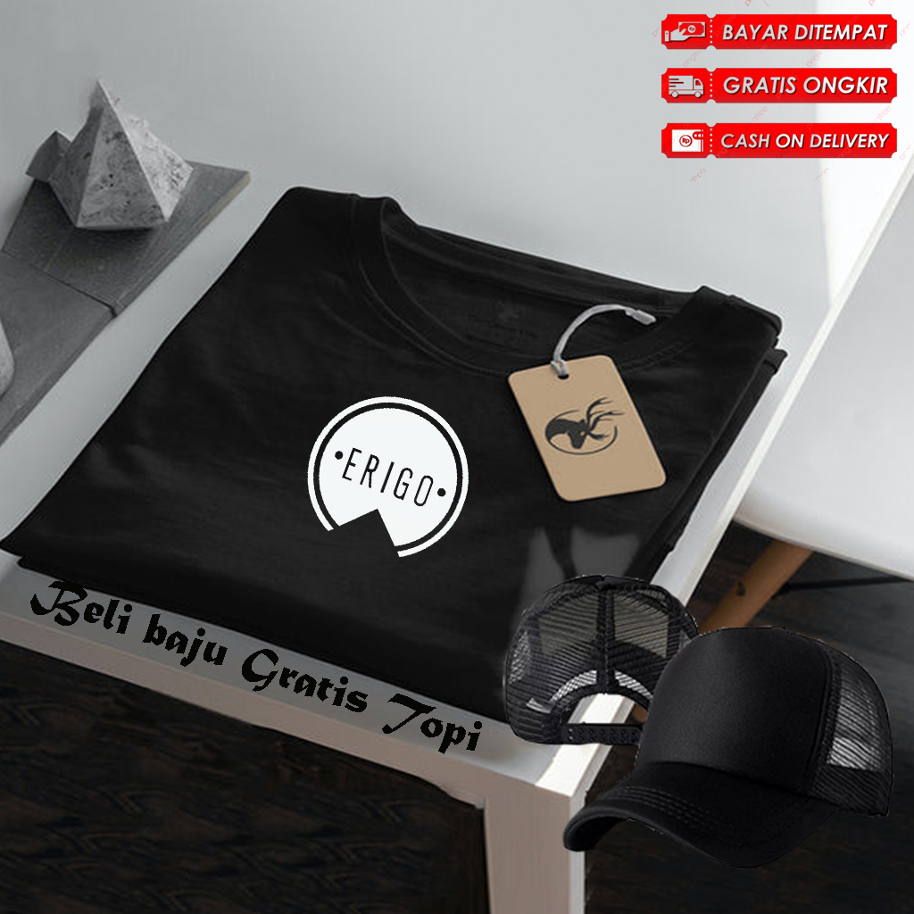 Bonus topi ... Baju Kaos Distro Logo Erigo Bulat Terbaru Text Putih Lengan Pendek Premium Quality