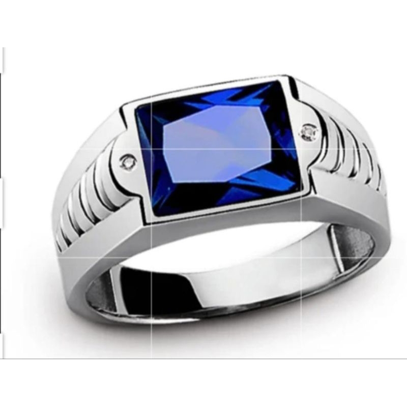 Cincin Pria Original Perak 925 Red Square Blue Sapphire Zircon