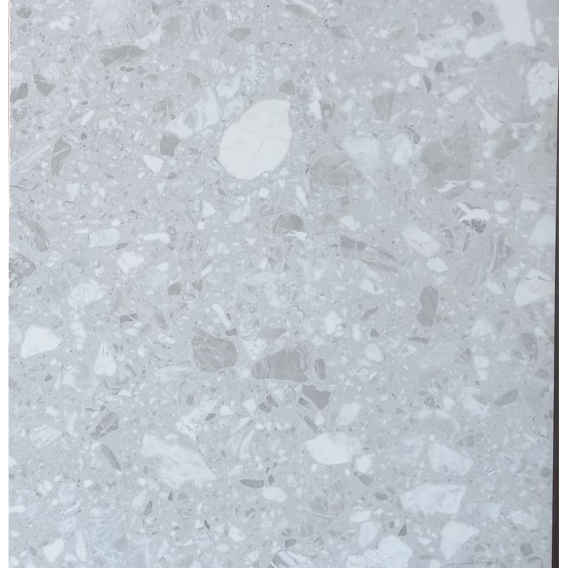 GRANITE MERK VICENZA TILE KODE GL6931 UKURAN 60x60 TEKSTURE PERMUKAAN GLOSSY WARNA ABU MOTIF TERAZZO