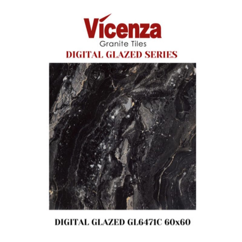GRANITE MERK VICENZA KODE GL6471 UKURAN 60x60 PERMUKAAN DAN TEKSTURE GLOSSY CORAK MARMER HITAM