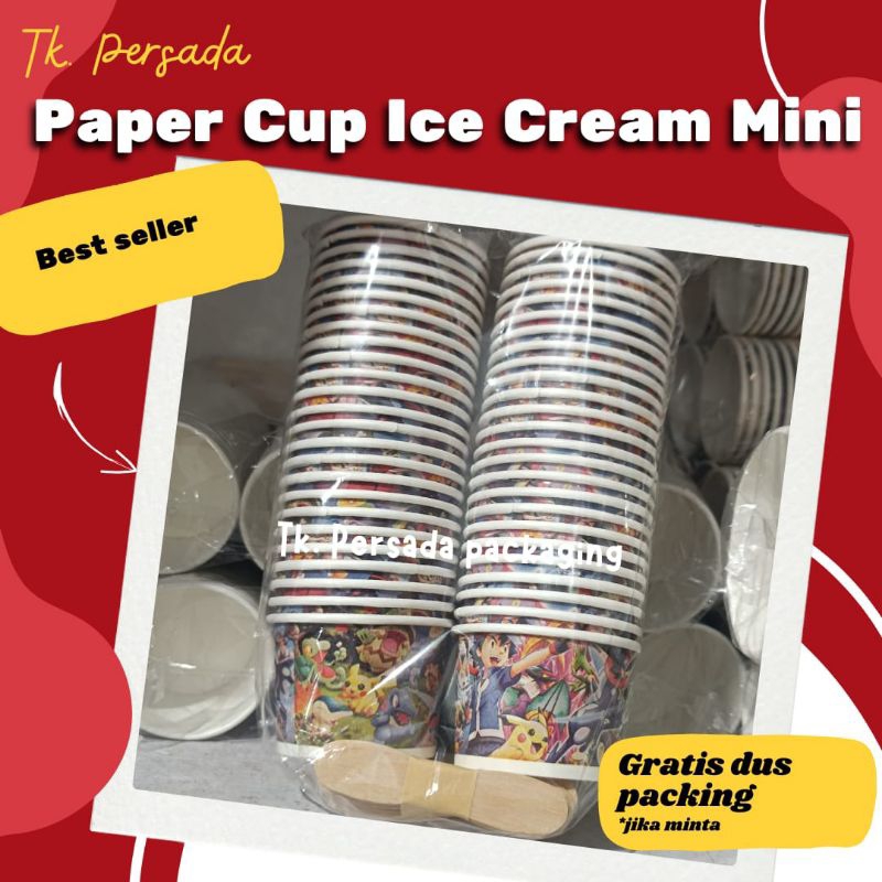 [ Isi 50 ] Cup Ice Cream Mini + Sendok Ukuran 50 ml - Paper Cup Ice Cream + Sendok Mini - Wadah Es K