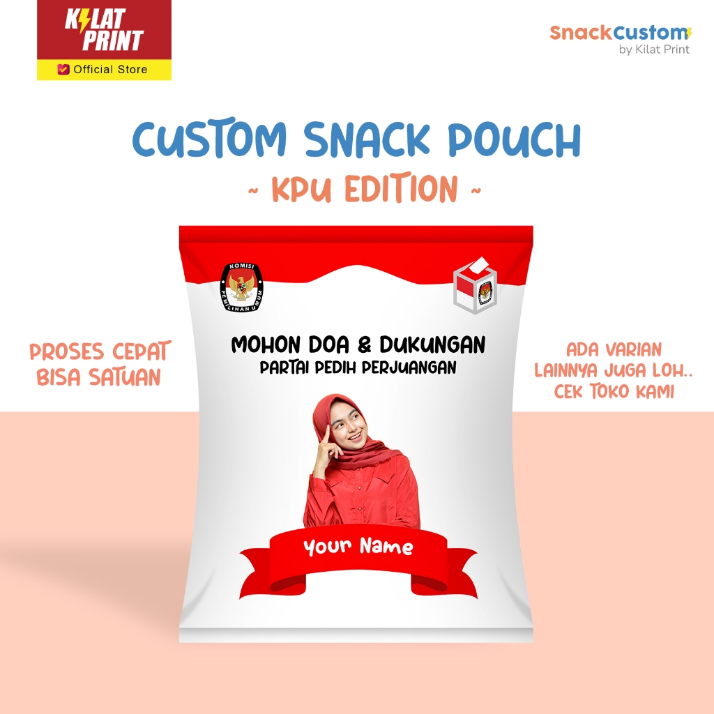 

Snack Custom Foto Teks Bungkus Pouch Jumbo Ala KPU Edition