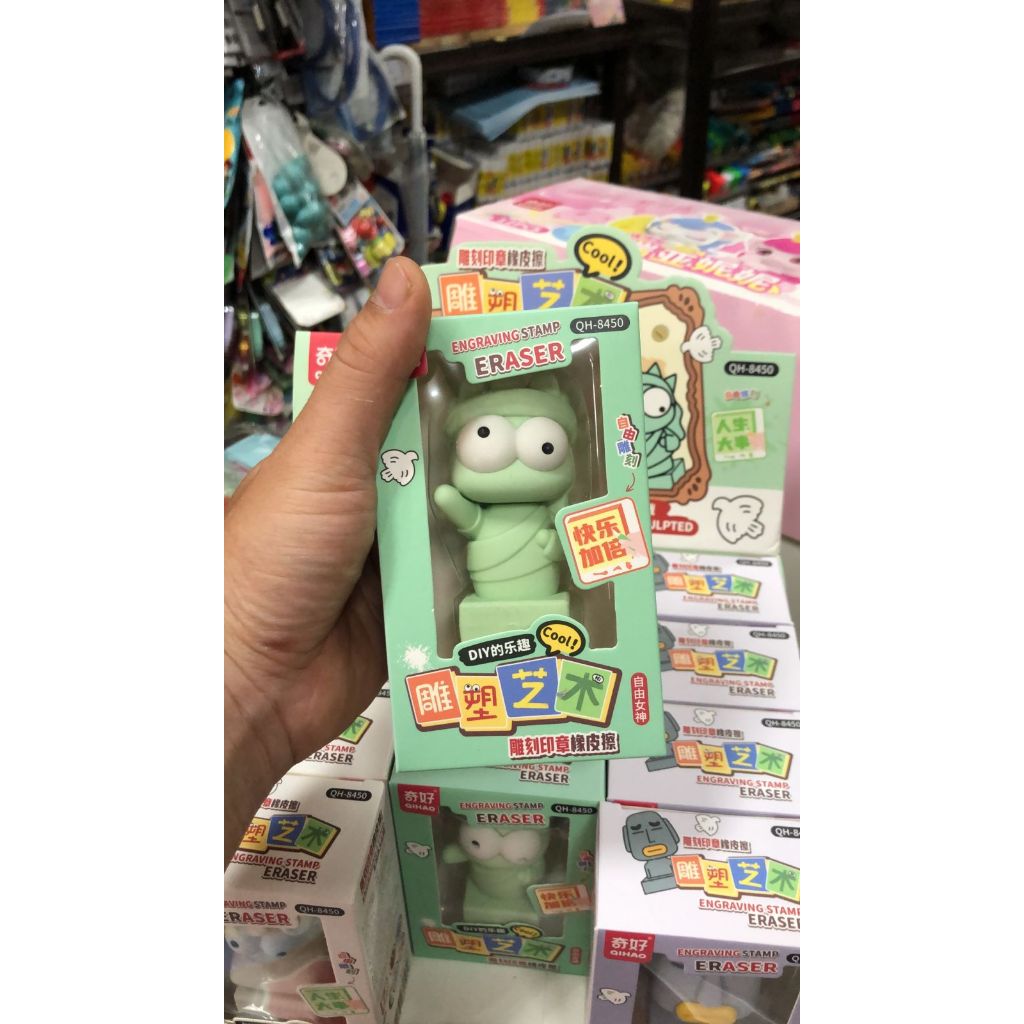 

penghapus diy stampel qi hao ( eifel / kepala batu moai / picaso ) satuan ( bagian bawahnya bisa di cutterjadi stample )