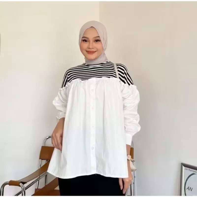 FELINE BLOUSE STRIPE KNIT MIX CRINKLE AIRFLOW FIT TO XL // ATASAN BLOUSE WANITA KOMBINASI SALUR // K