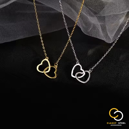 CLASSY STEEL Kalung Wanita Titanium Motif Love Double Emas Silver Asli Anti Karat Dan Anti Luntur