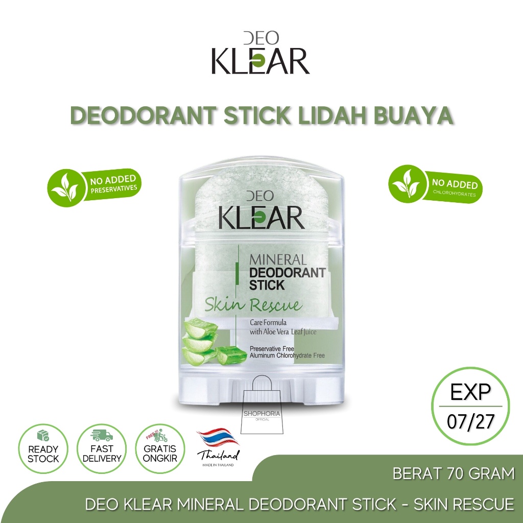 Deo Klear Mineral Deodorant Stick - Skin Rescue Care Formula With Aloe Vera Leaf Juice Berat 70 gram