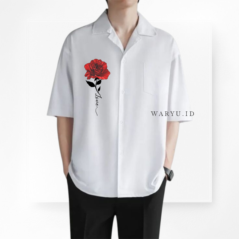 Kemeja Vintage Pria Lengan Pendek Kemeja Motif Red Love Rose Pria Polos Korean Style/Kemeja Kasual