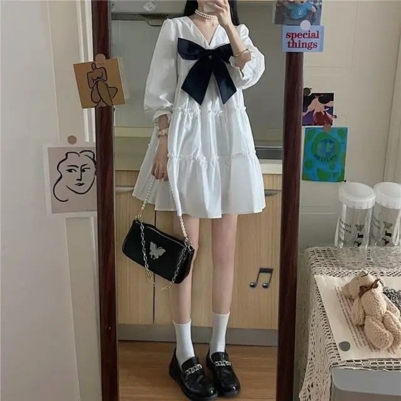 Ribbon Mini Dress Korean Style Dress Mini Wanita Terbaru Matt Katun Toyobo Putih/ Dress Ruffle 3 Lay