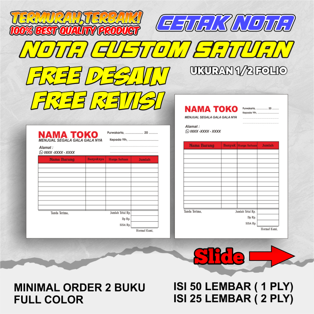 

Cetak Nota Custom Satuan Ukuran 1/2 Folio 1ply 2 ply / nota custom request nama toko olshop sendiri
