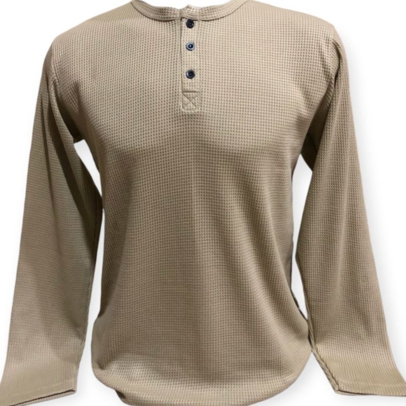 Kaos Waffer Waffel Wafel Wafer Kancing Henley Lengan Panjang Coklat / OOTD Kekinian Terbaru