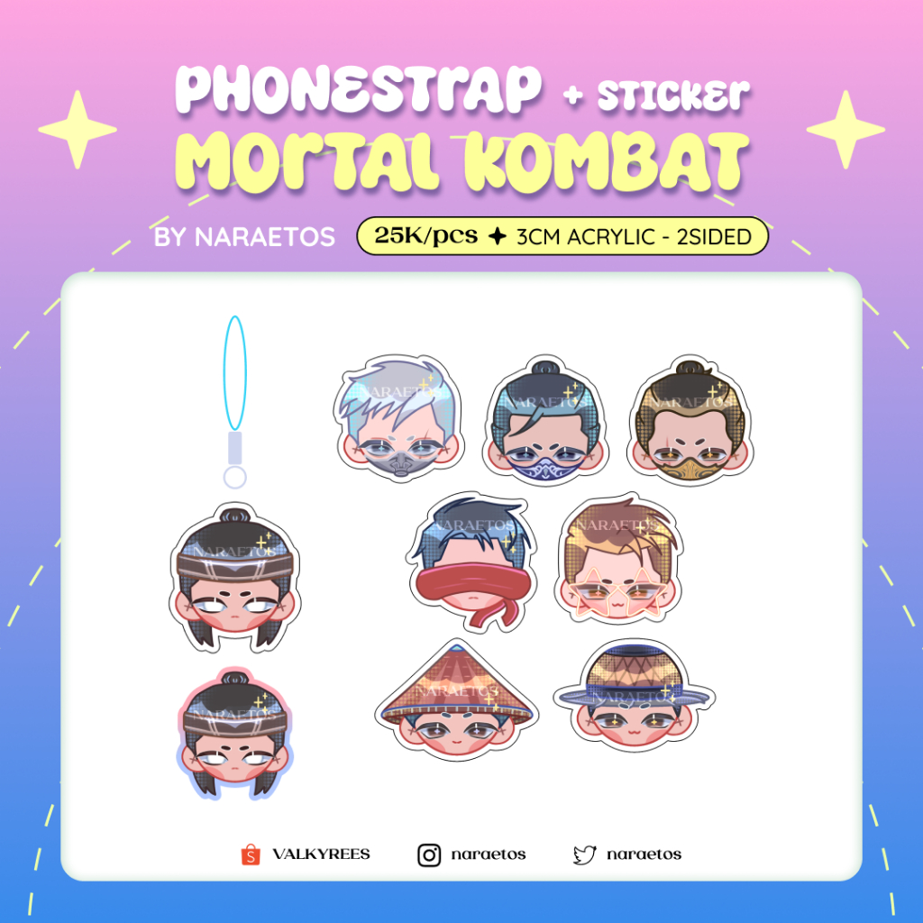 MORTAL KOMBAT Phonestrap (+Stiker) | Johnny Cage Kenshi Raiden Kung Lao Liu Kang Scorpion Sub Zero S