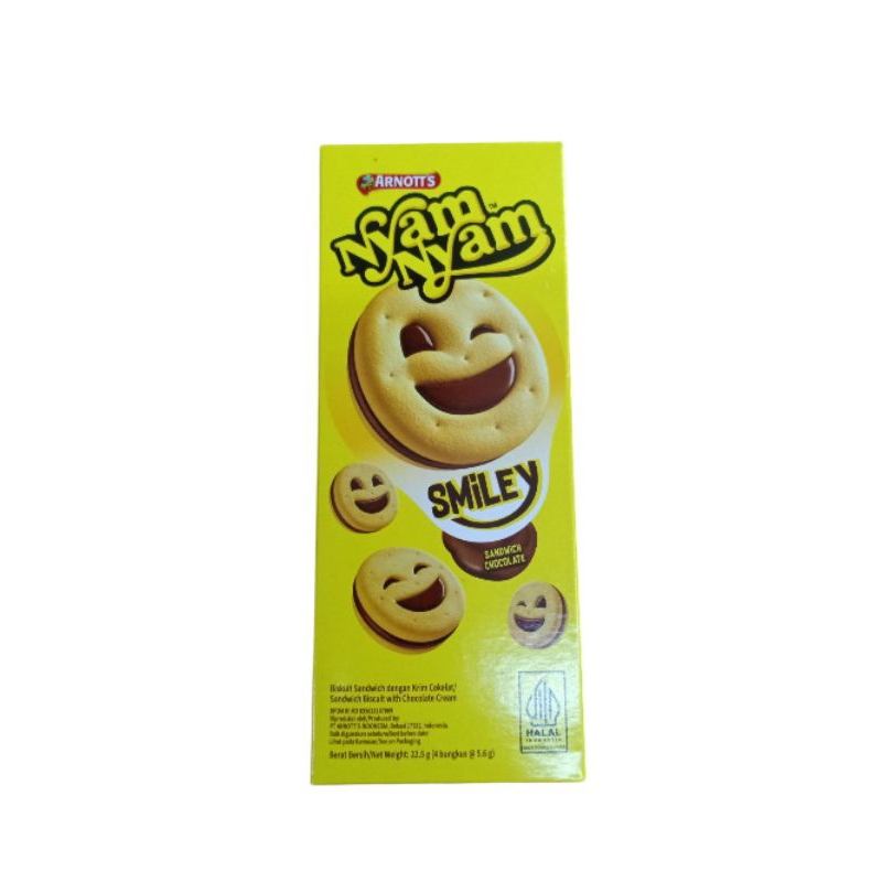 

Nyam Nyam Smiley Sandwich MINI 22,5Gr - Arnott's Nyam Nyam Smiley / Biscuit Chocolate / Wafer Coklat / Biskuit Berlapis Cokelat / Nyamnyam Coklat / Sandwich Coklat / Wafer Roll Rasa Coklat / Biskuit Lapis Cokelat / Coklat Sandwich / Bekal Anak Sekolah