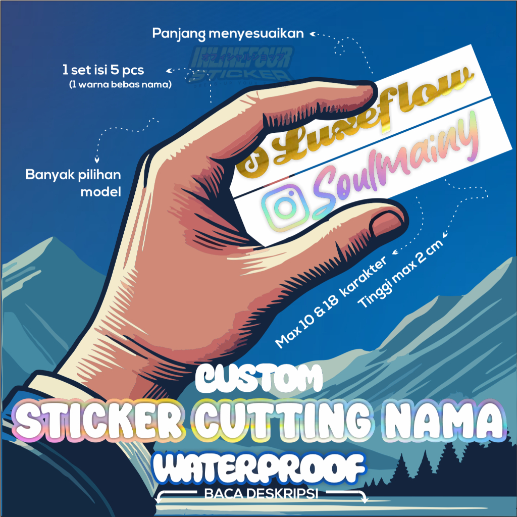 

Stiker Nama Custom Waterproof Hologram - Bikin Cutting Sticker Nama Sendiri Chrome Laptop, Motor