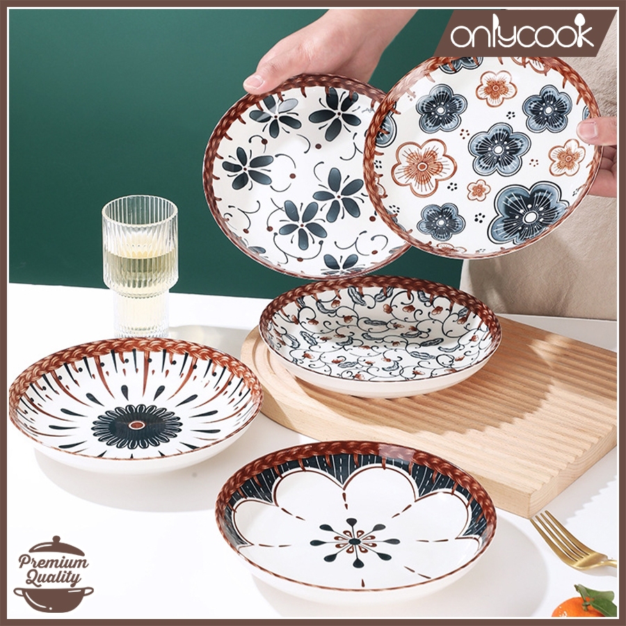 ONLYCOOK  Piring Makan Keramik Motif Blue Flower Elegan/ Piring Motif Bunga Aesthetic Keramik / Piri