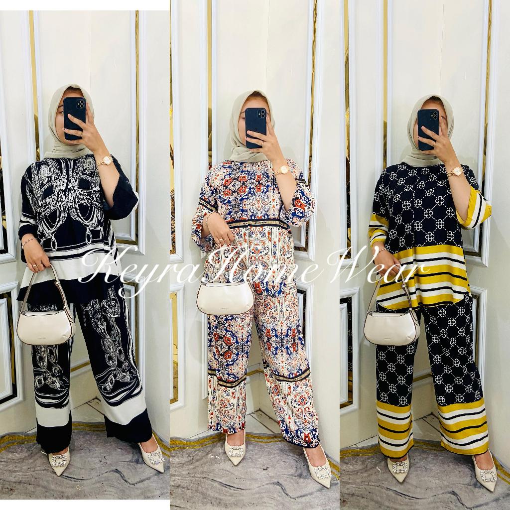 Keyra Pajamas Kulot One Set Kemeja Lengan 7/8 Rayon Motif Busui Nyaman Adem Baju Celana Panjang