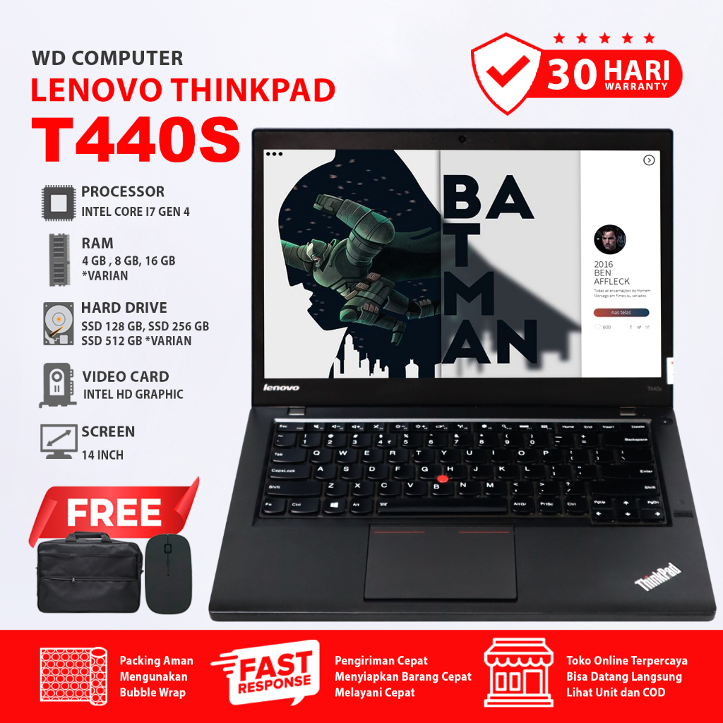[WDKOMPUTER] Laptop Kerja Lenovo T440S Core I7 Gen 4 Ram 8 Gb Ssd 256 Gb I Mouse & Tas