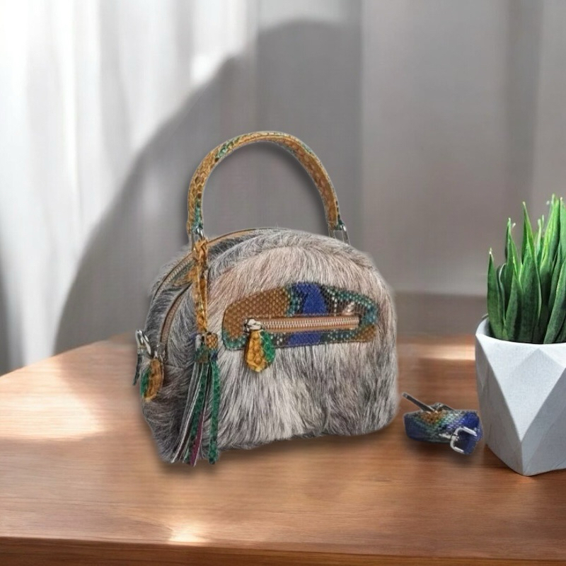 Tas Kulit Ular Piton Asli Wanita JJ OVAL PITON MIX BULU KAMBING