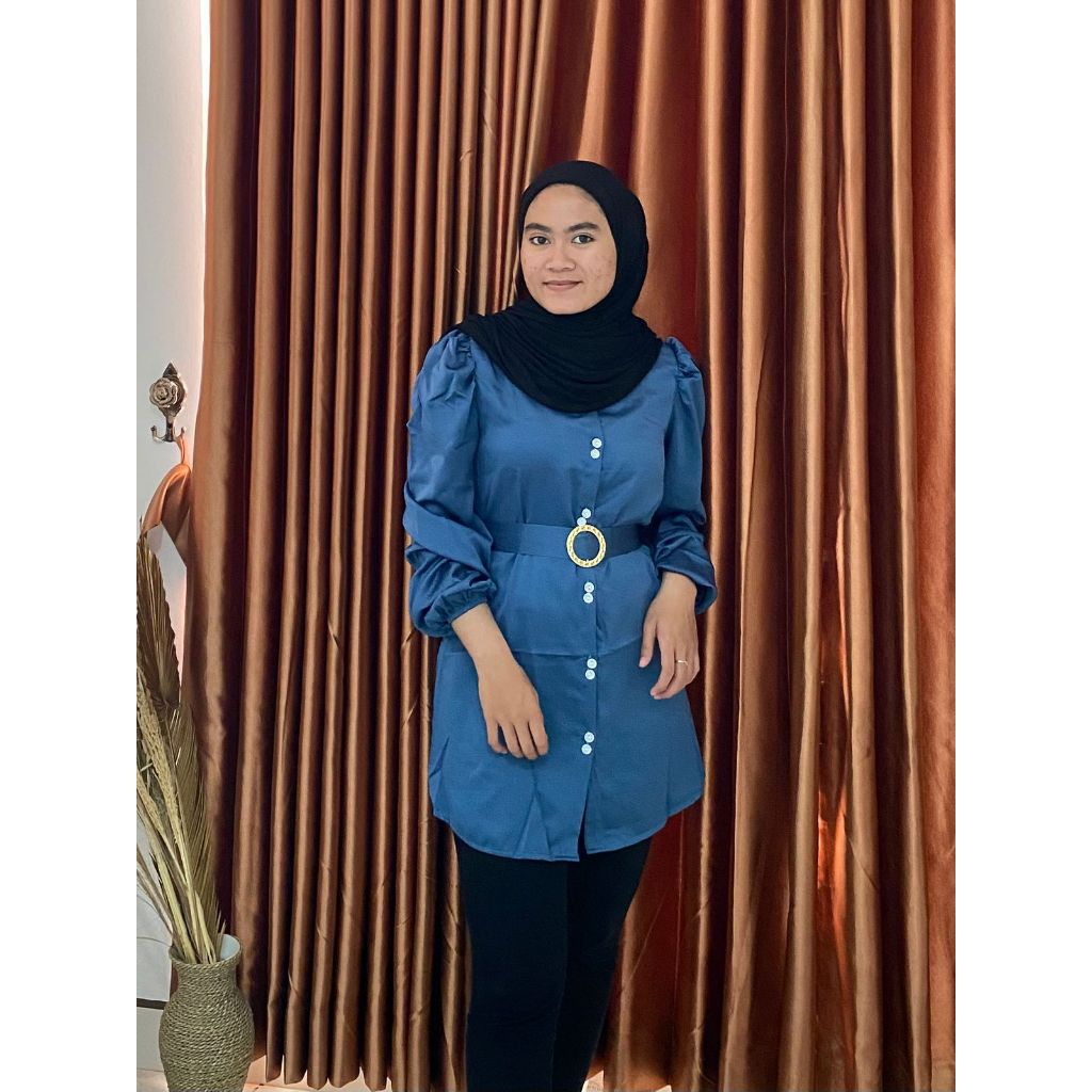 baju wanita Tunik Jumbo Wanita Ornamen Belt Gesper Lengan Panjang Dewasa Motif Polos Kekinian
