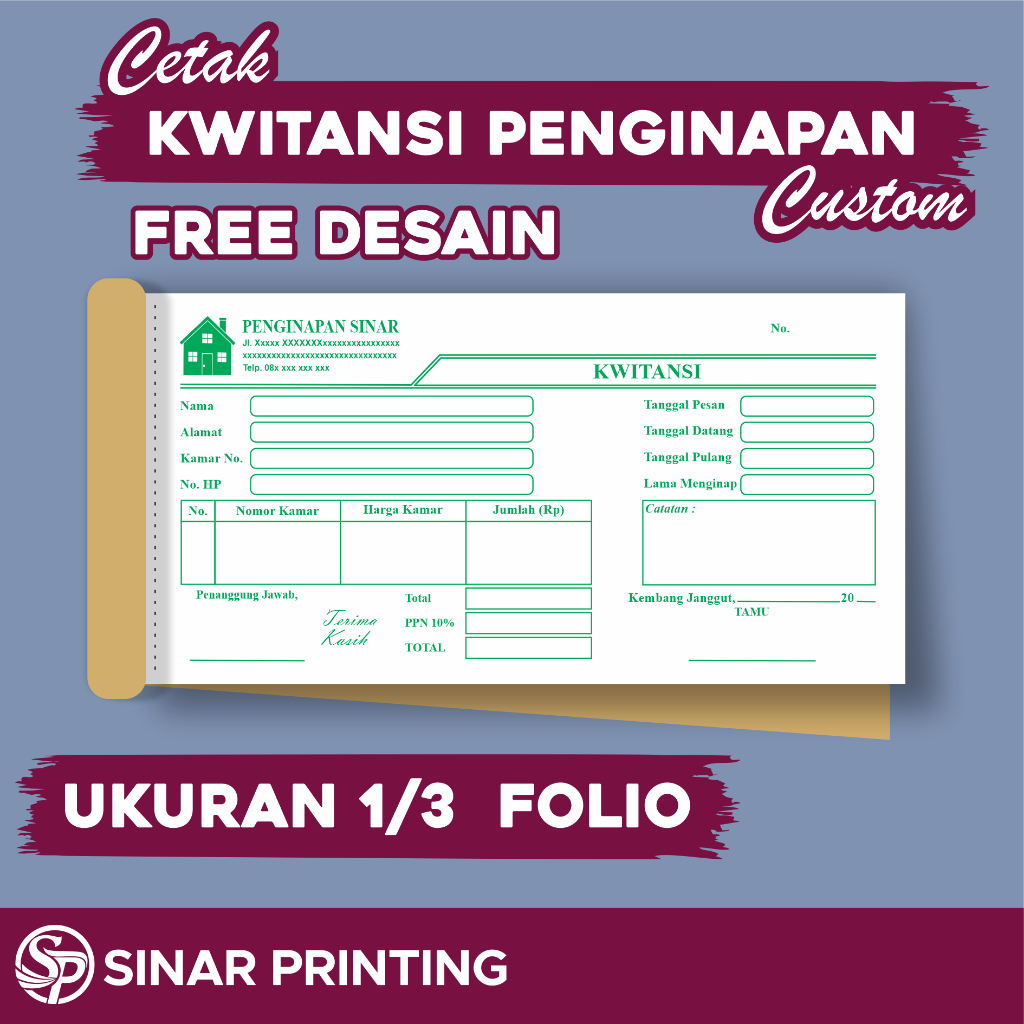 Cetak Kwitansi Penginapan Custom ukuran 1/3 Folio