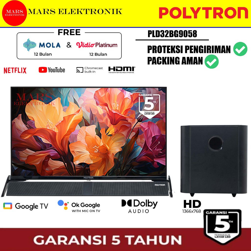 (INSTANT) POLYTRON SMART TV PLD32BG5959 32 INCHI + SOUNDBAR SMART TV GOOGLE HD PLD-32BG5959  YOUTUBE