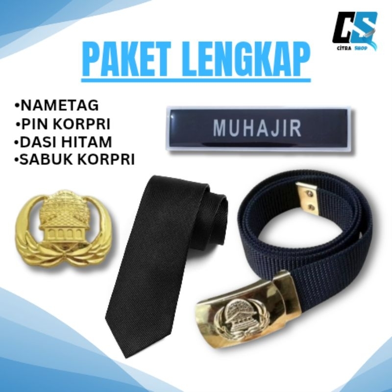 Paket Lengkap Nametag PNS / ASN / PPPK (Nametag, Pin Korpri, Dasi Hitam Dan Ikat Pinggang Kopri)