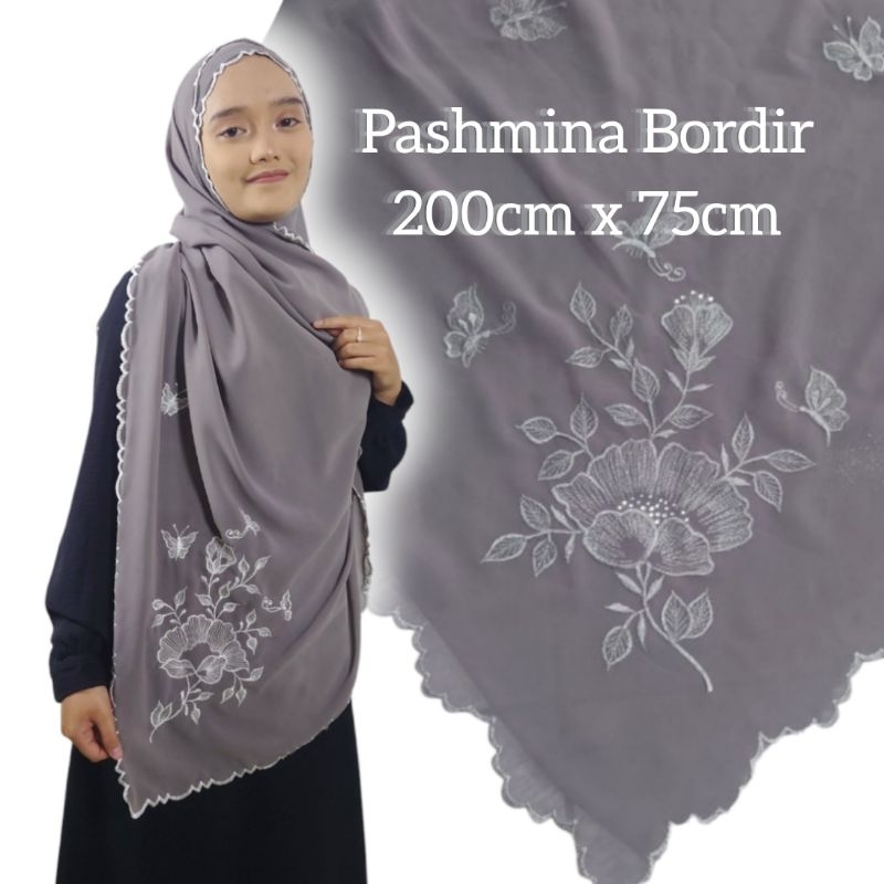Pashmina hijab bordir panjang 200cm kain ceruty babydoll